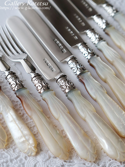 }U[Iup[Jg[Zbg antique silver mother of pearl dessert cutlery set