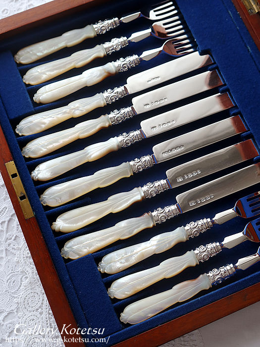 }U[Iup[Jg[Zbg antique silver mother of pearl dessert cutlery set